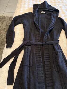 Sweet Romeo Cardigan Size M Black Cable Knit Hooded Belted